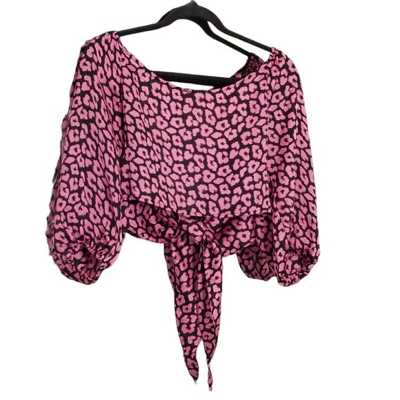 ASOS Club L London Tie Open Front Pink Leopard Crop Top, Size 10 - Picture 2 of 12
